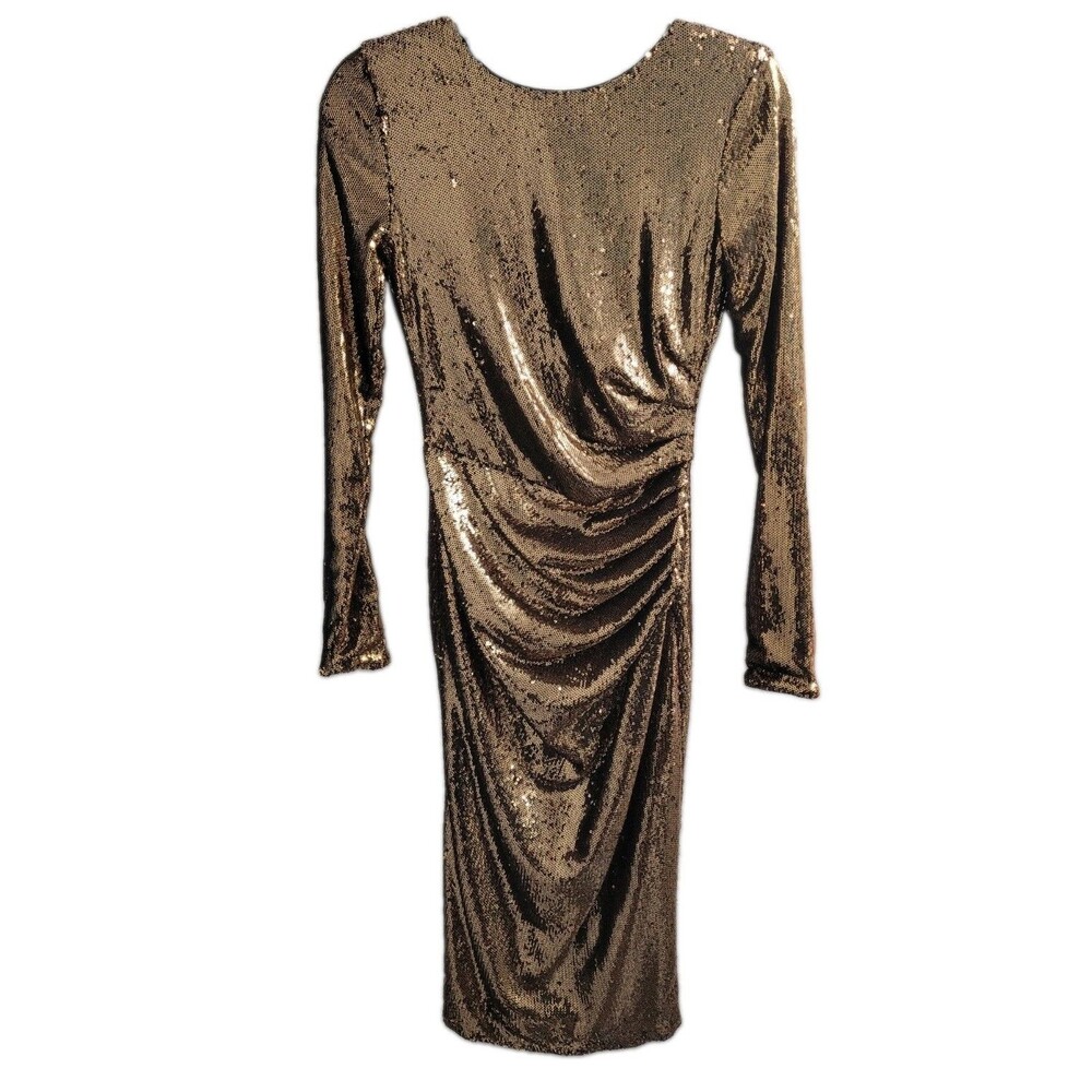 Dress The Population Emilia Gold Sequin Ruched Cocktail Dress Small